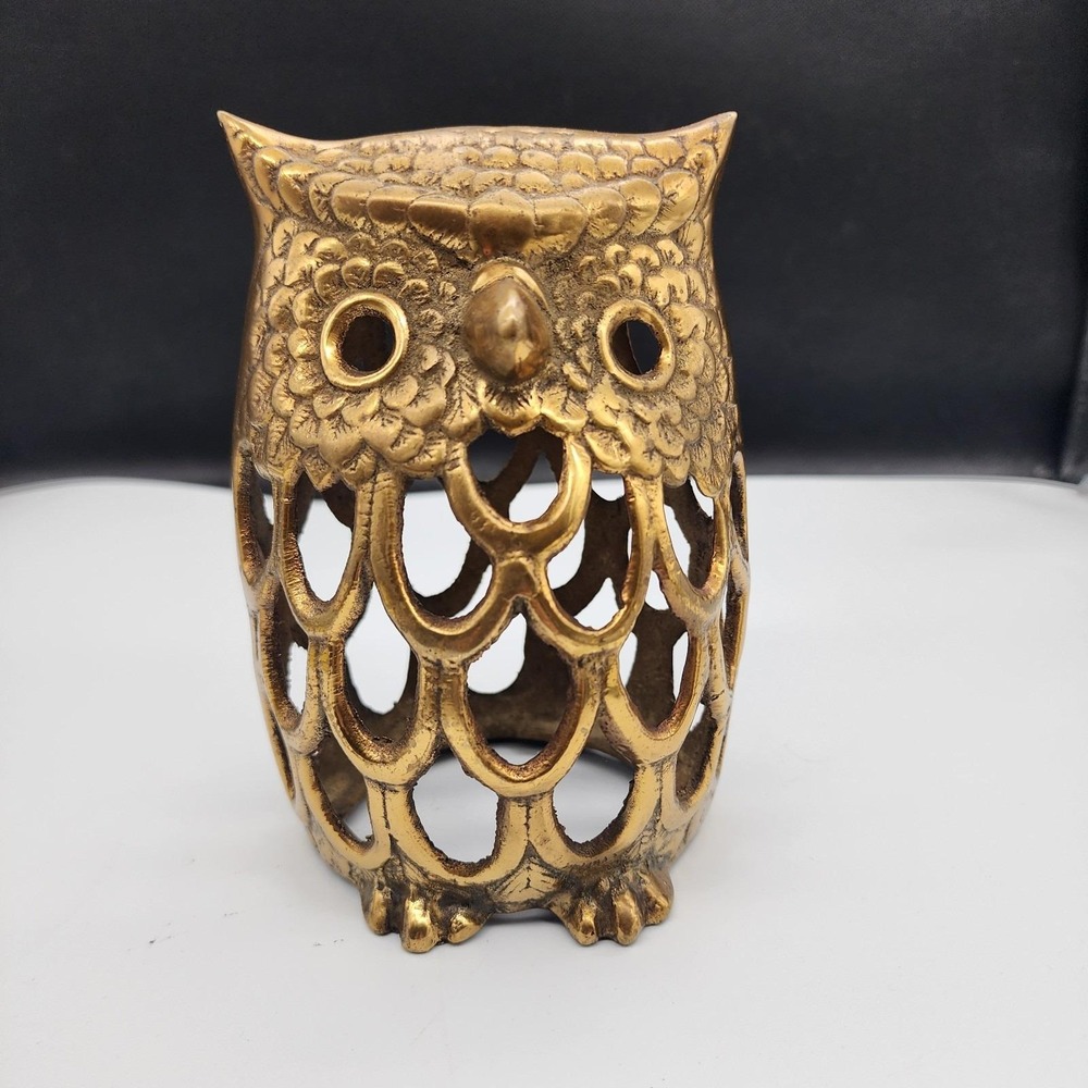 VTG Brass Owl Votive Candle Holder MCM Boho Decor Shelf Sitter 6"